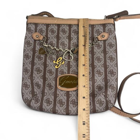 Guess Logo Print Brown Charm Crossbody Purse Vegan Coquette Bling Tan AOP Retro - Picture 8 of 12
